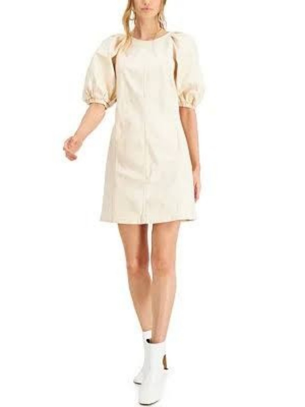 INC International Concepts Puff-Sleeve Denim Mini Dress Sz 4 Cream Nwot
